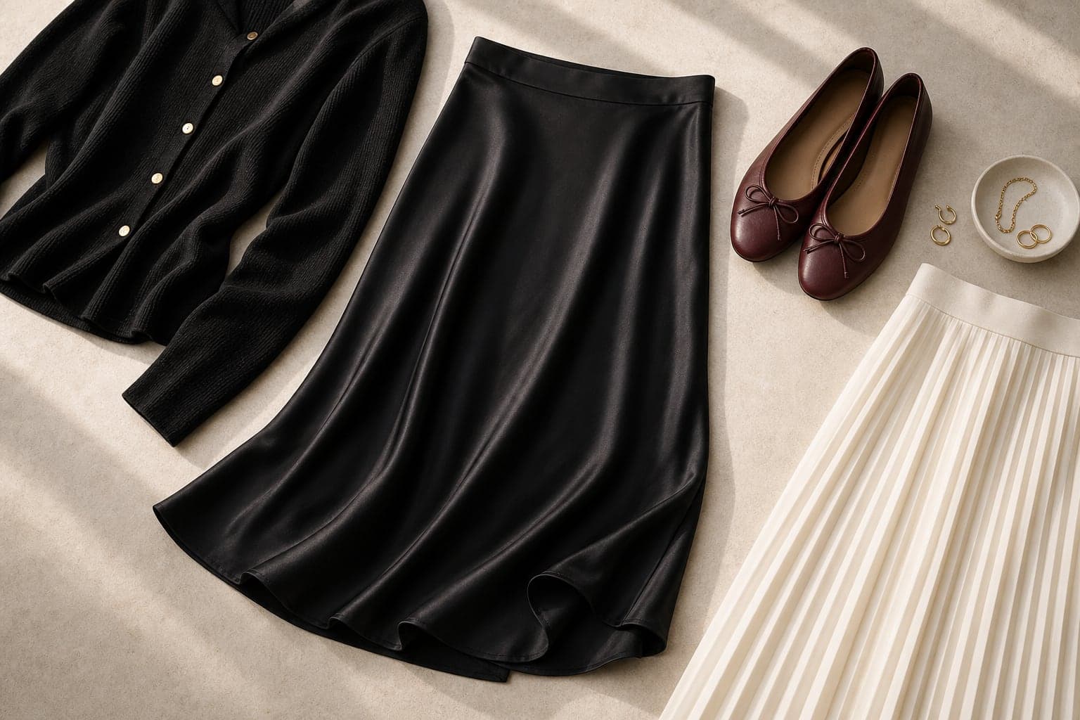 A fluid black satin skirt and ivory pleated skirt edge styled with a black knit and burgundy flat.