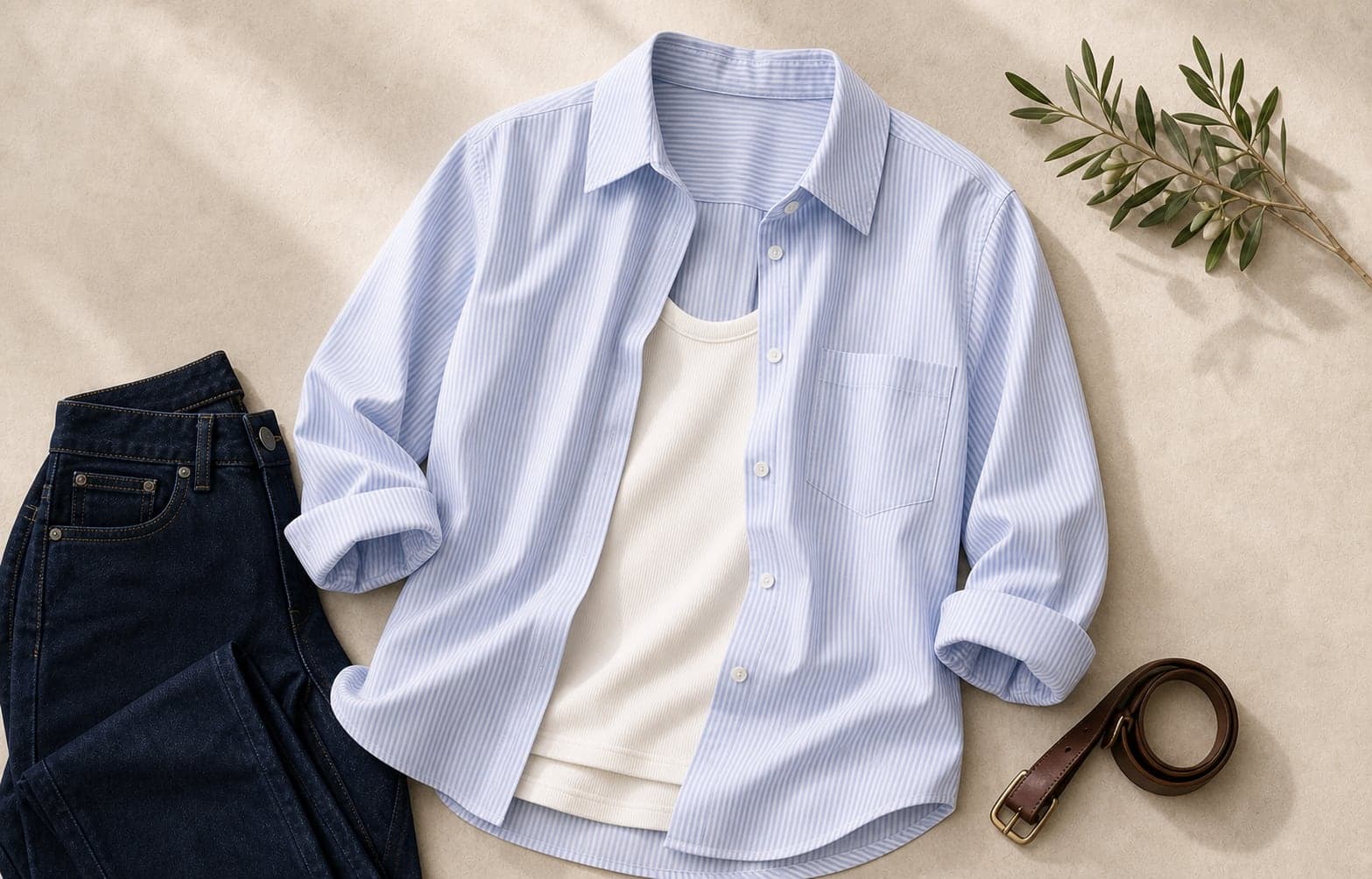 A relaxed pale blue and white button-down styled with an ivory tank, denim, and a leather belt.