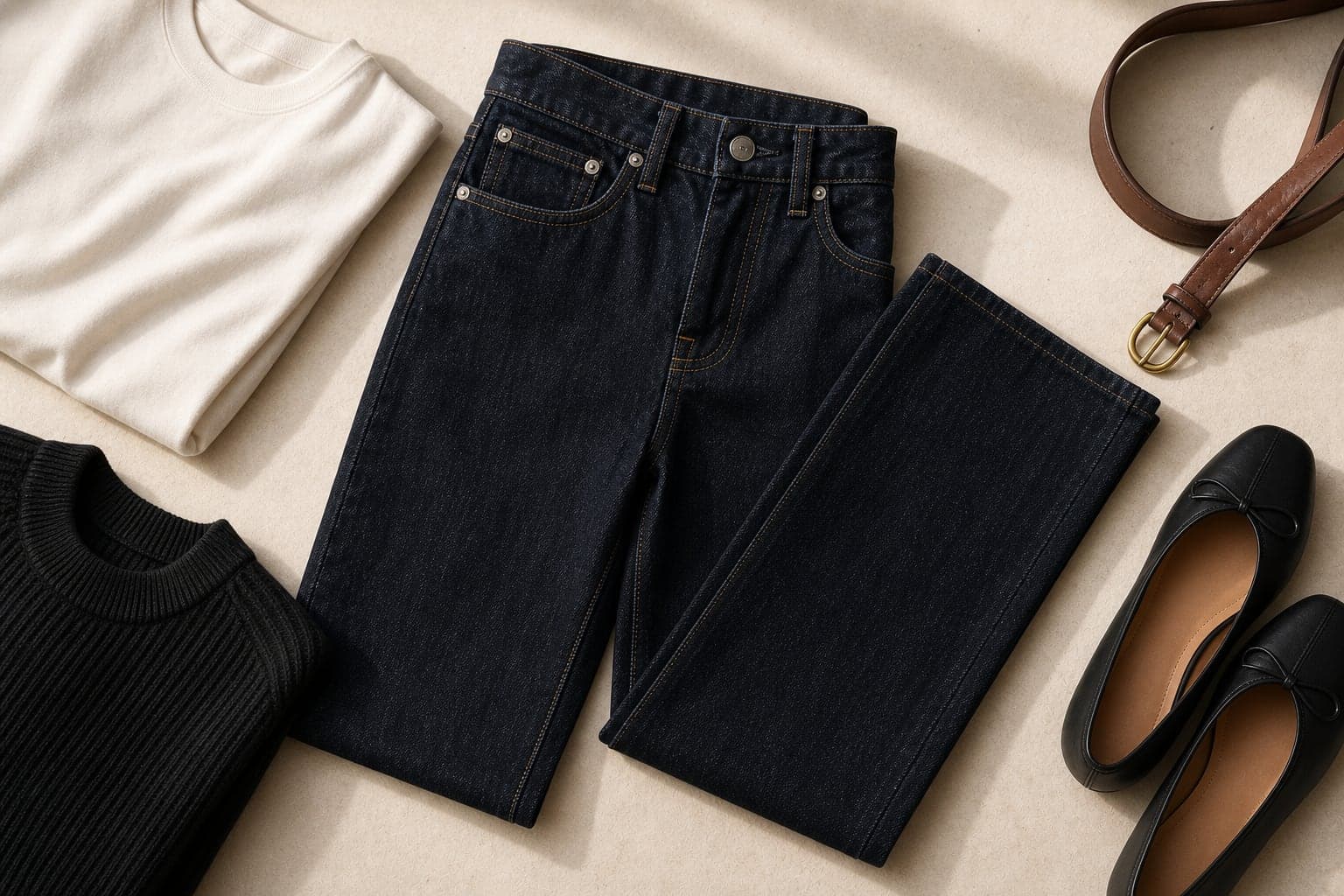 Dark indigo straight-leg jeans styled with ivory, black, flats, and a leather belt.