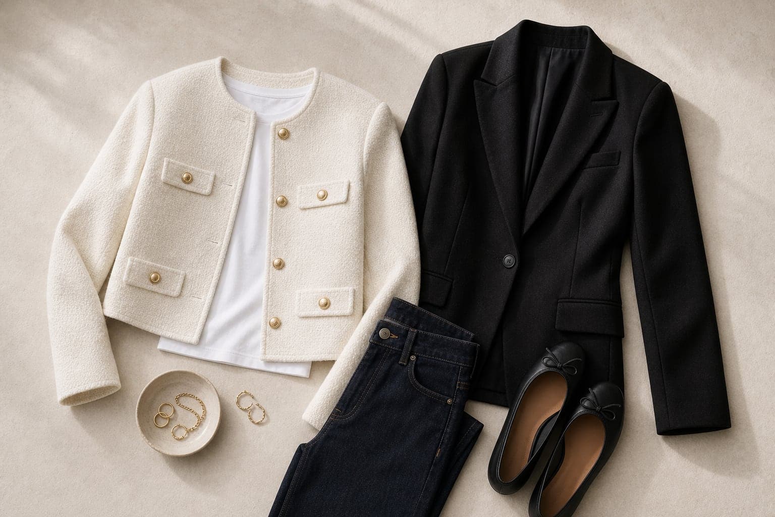 Structured cream and black jackets styled with a white base top, straight jeans, and black flats.
