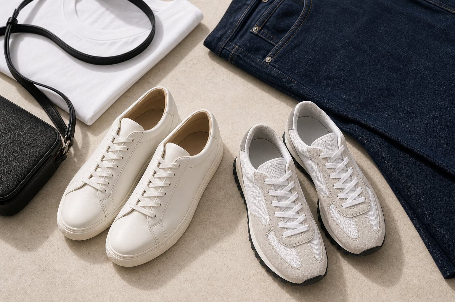 Clean low-profile sneakers and retro runners styled with jeans, a white tee, and a crossbody strap.