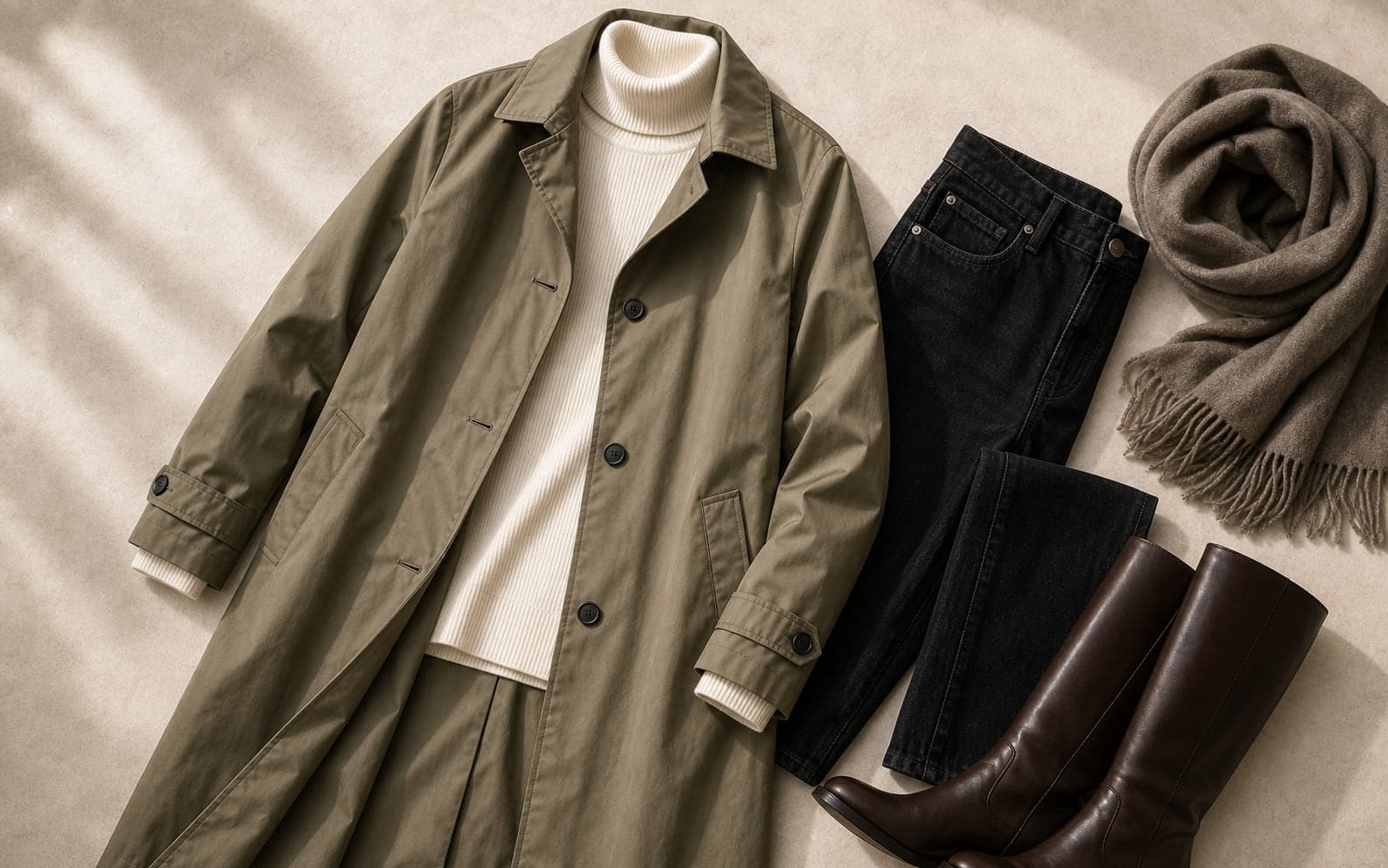 A khaki trench or olive weather layer styled with a turtleneck, jeans, tall boots, and a scarf.