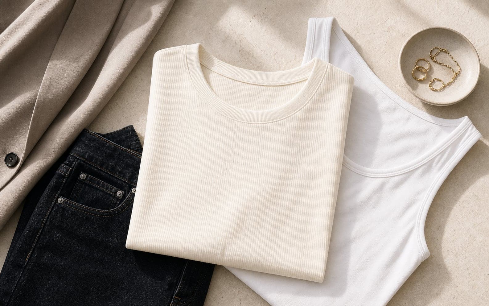 Ivory and white base tops styled with dark denim and a structured jacket edge.