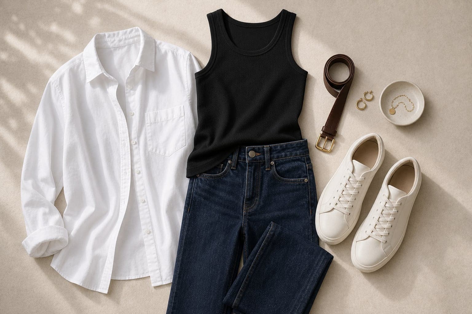 A budget capsule outfit with a black tank, open white button-down, straight jeans, clean sneakers, belt, and earrings.