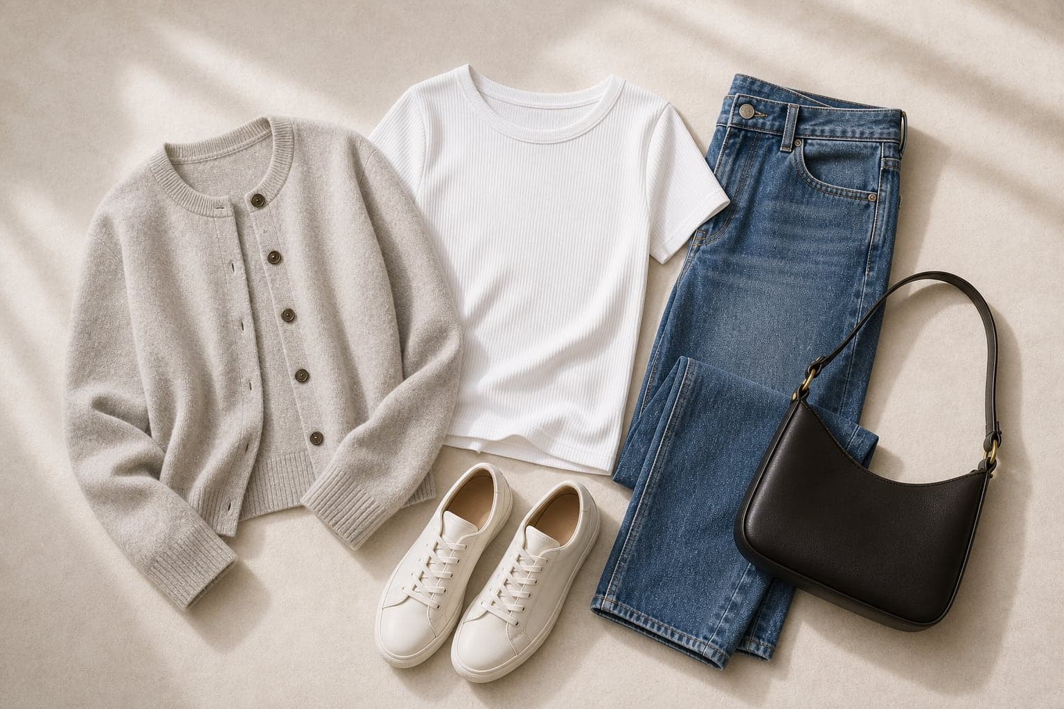 A casual capsule outfit with a white ribbed tee, straight-leg jeans, relaxed cardigan, walkable sneakers, and structured shoulder bag.