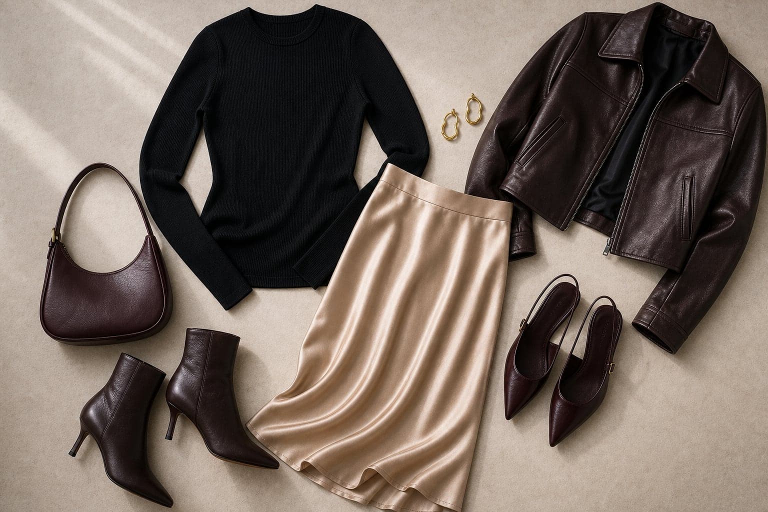A date dinner outfit with a black fine knit, satin midi skirt, boots or slingbacks, cropped leather jacket, and sculptural earrings.