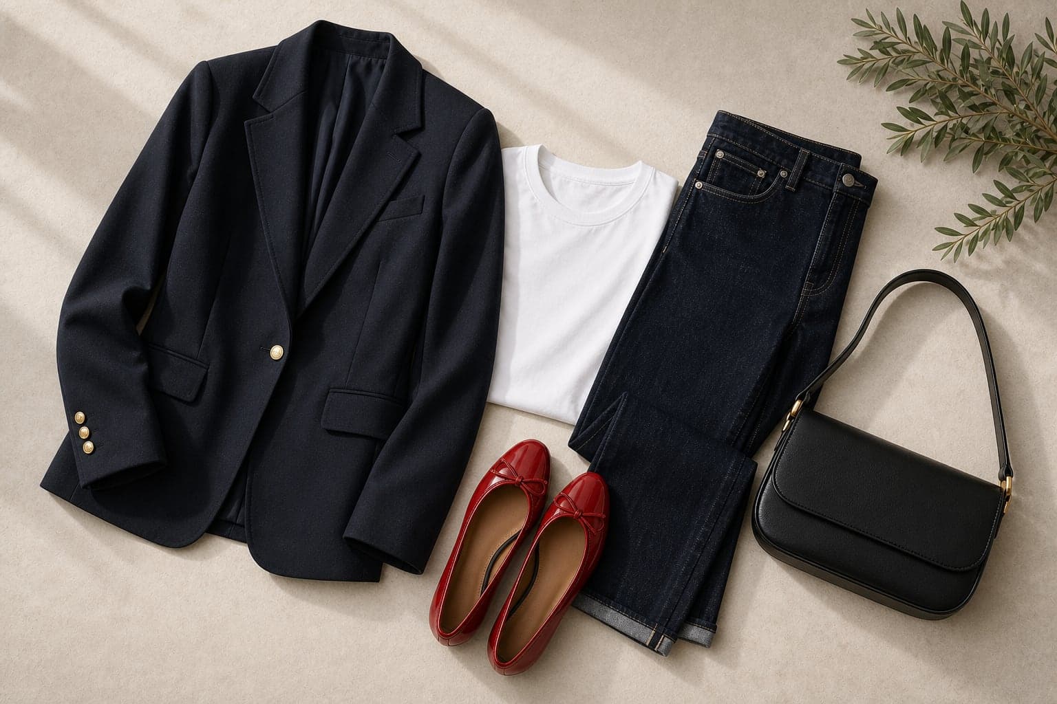 An elevated capsule outfit with a white tee, dark straight jeans, sharp blazer, red statement flat, and structured leather bag.