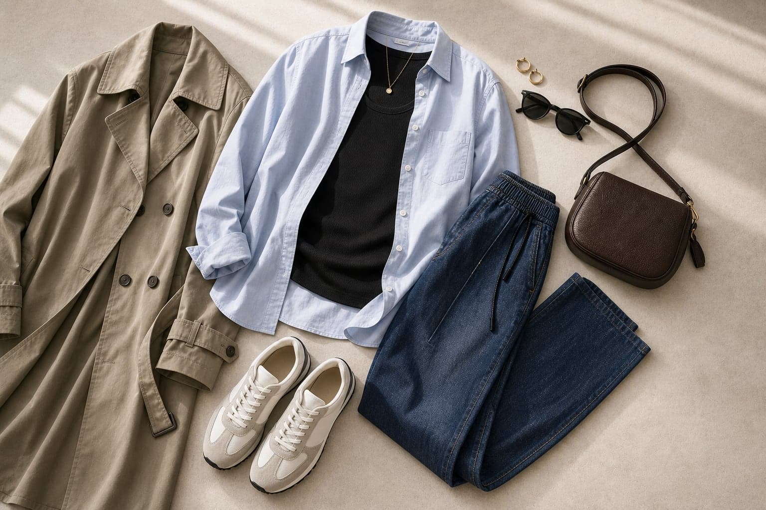 A walking-heavy travel outfit with an open button-down, black tank, jeans, retro runners, crossbody bag, and light trench.