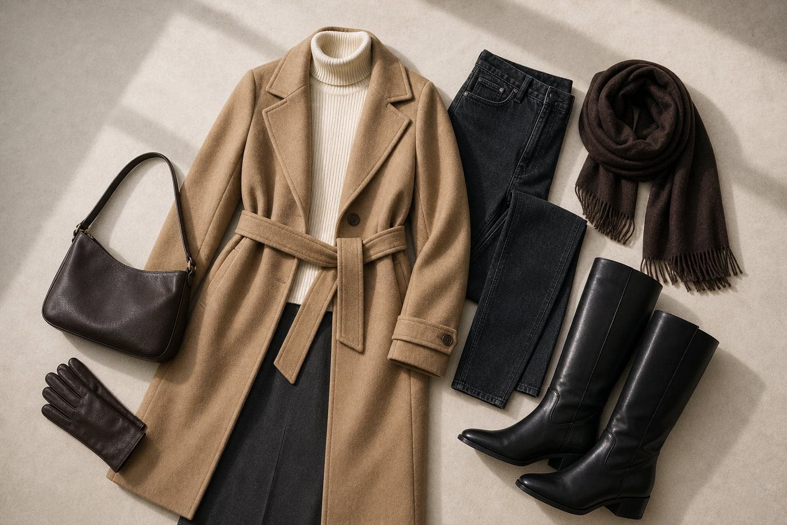A weather-aware outfit with a turtleneck, straight jeans or wool trousers, tall boots, belted outerwear, leather gloves, and scarf.