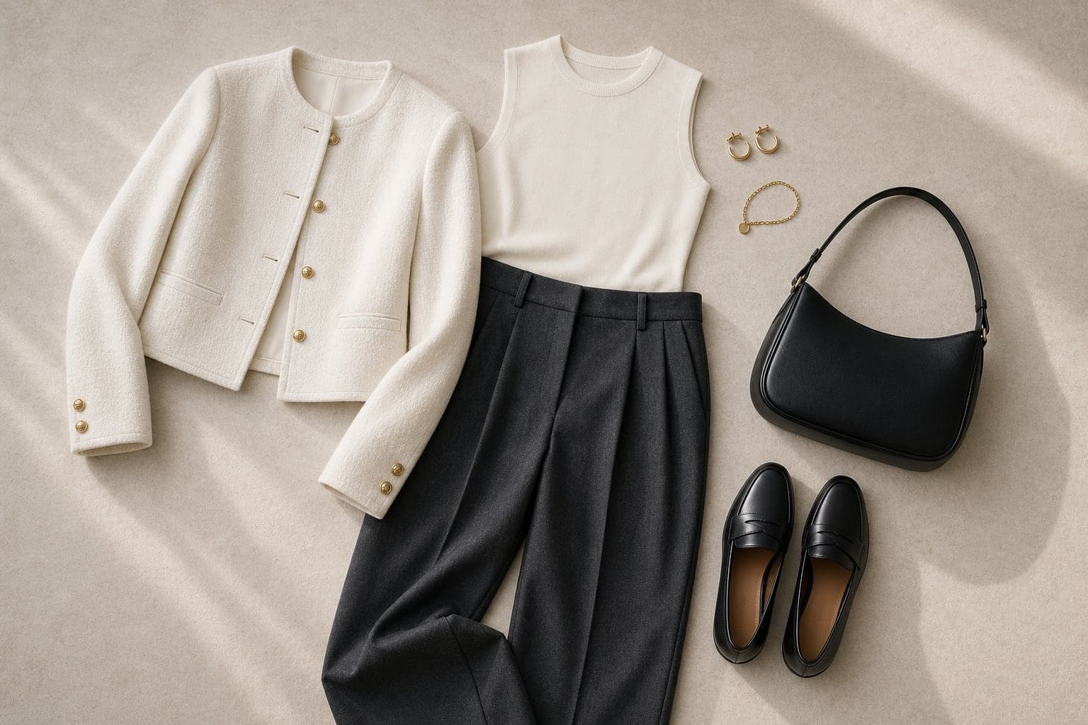 A soft tailoring outfit with a fine knit shell, relaxed trousers, structured jacket, flats, and small jewelry.