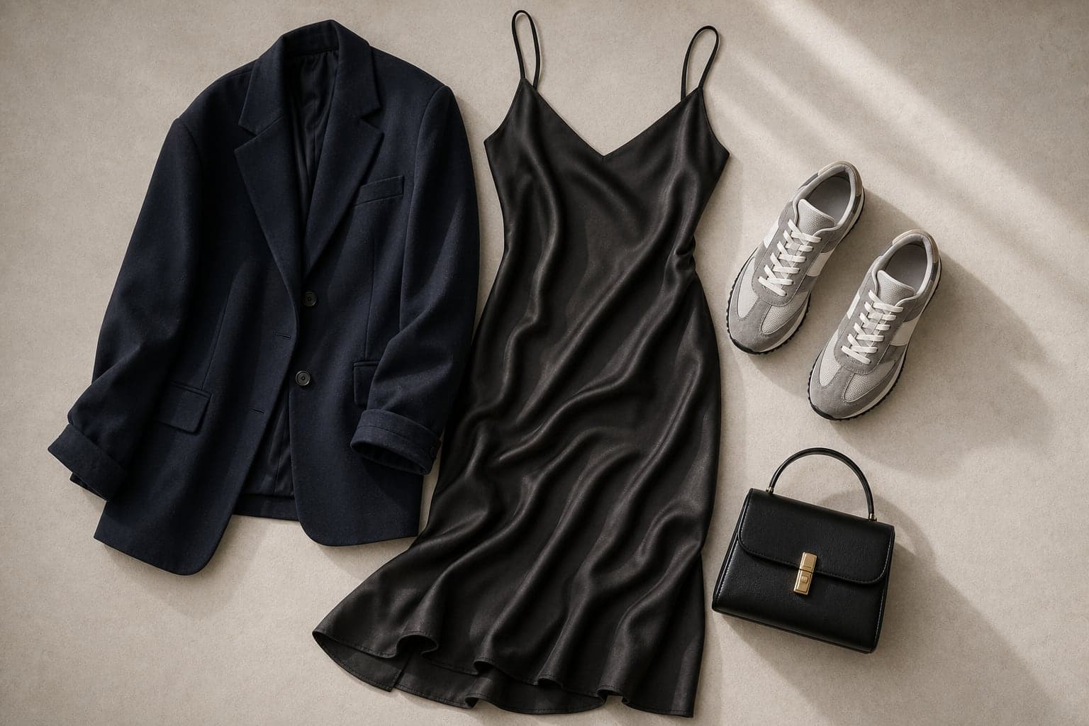 A wrong-but-interesting outfit with a slip dress, retro runners, oversized blazer, and small structured bag.