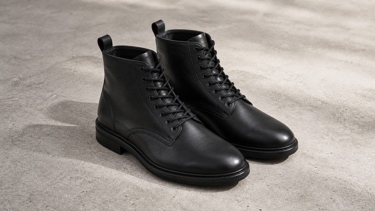 Black plain-toe leather boots on a neutral stone surface.