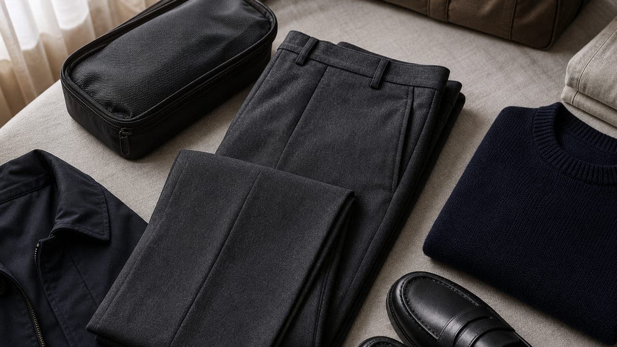 Charcoal wool trousers arranged with dark monochrome pieces.