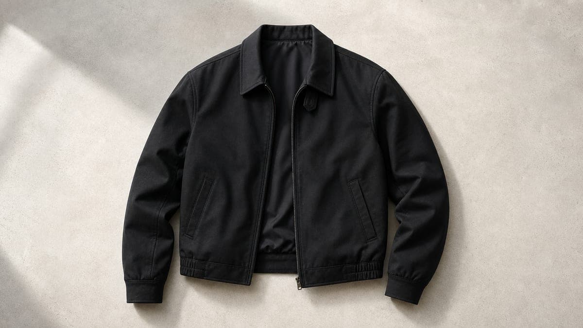 Cropped black jacket laid flat on a neutral background.