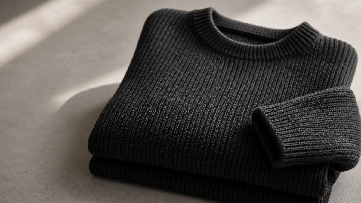 Dark ribbed knitwear folded to show texture.