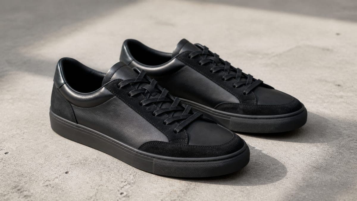 Clean black tonal sneakers on a concrete surface.