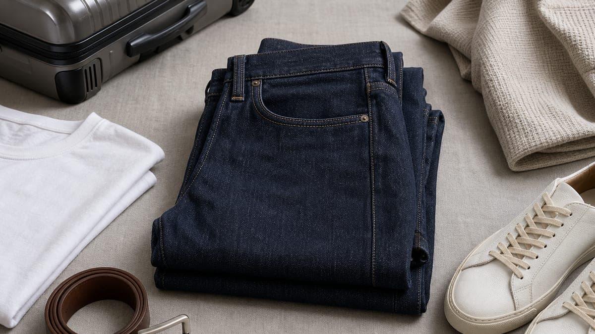Washed black jeans folded with monochrome wardrobe basics.