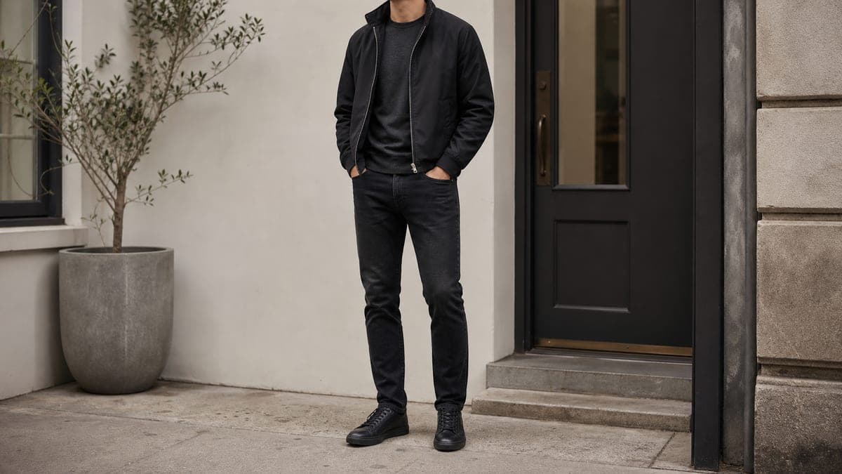 Simple budget monochrome outfit built from dark jeans, black top, darker jacket, and clean shoes.