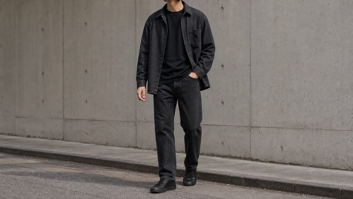 Casual black monochrome outfit with washed black jeans, charcoal overshirt, and black sneakers.