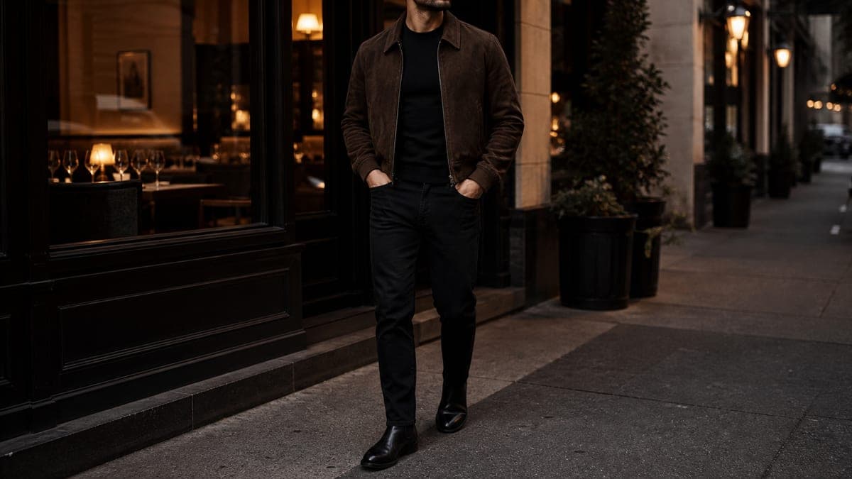 Date-night outfit with black jeans, black knitwear, dark brown suede jacket, and black boots.
