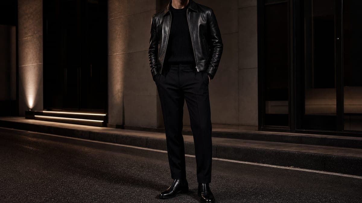All-black night-out outfit with ribbed knit, leather jacket, straight trousers, and boots.