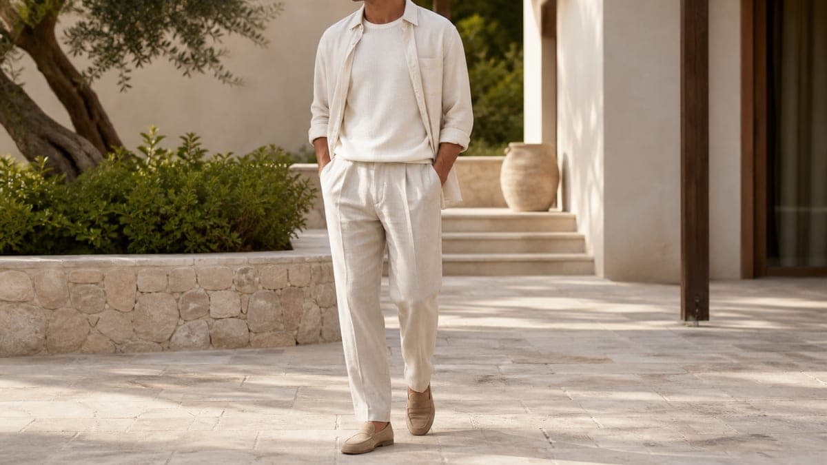 Light cream and stone summer tonal outfit with linen trousers and suede loafers.