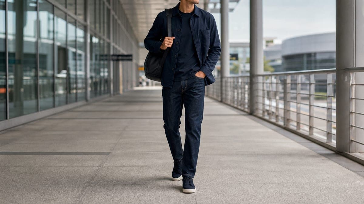 Navy and indigo travel outfit with overshirt, dark jeans, and suede sneakers.