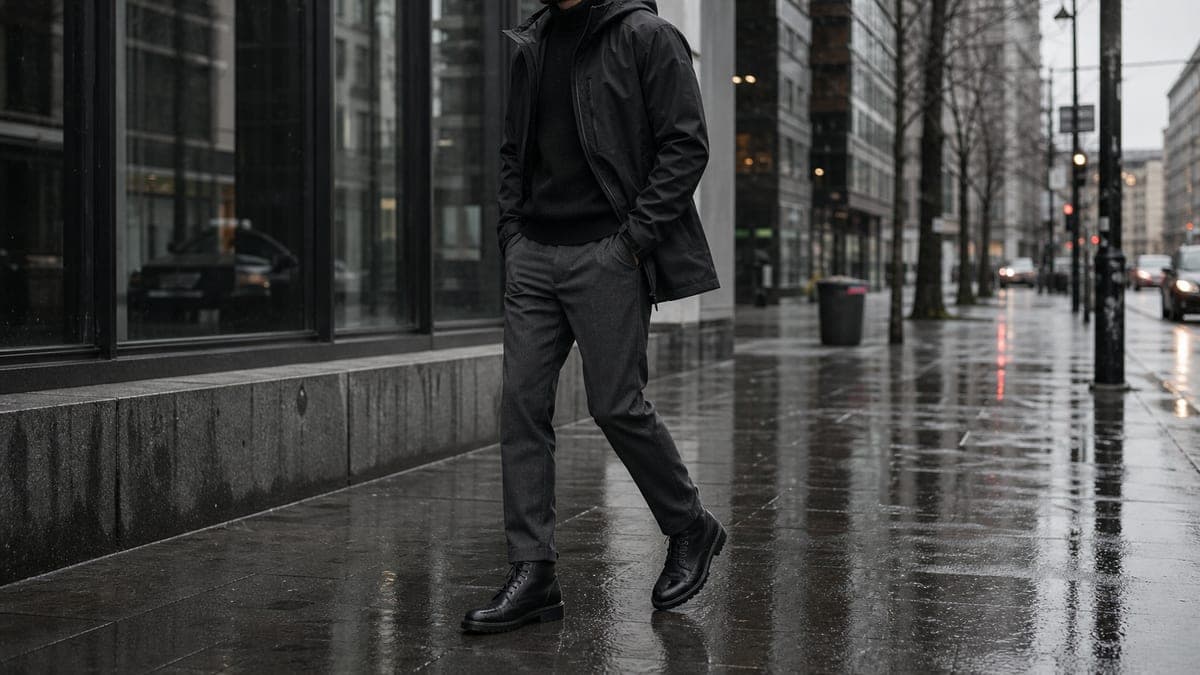 Rain-ready monochrome outfit with black shell, charcoal trousers, and black boots.