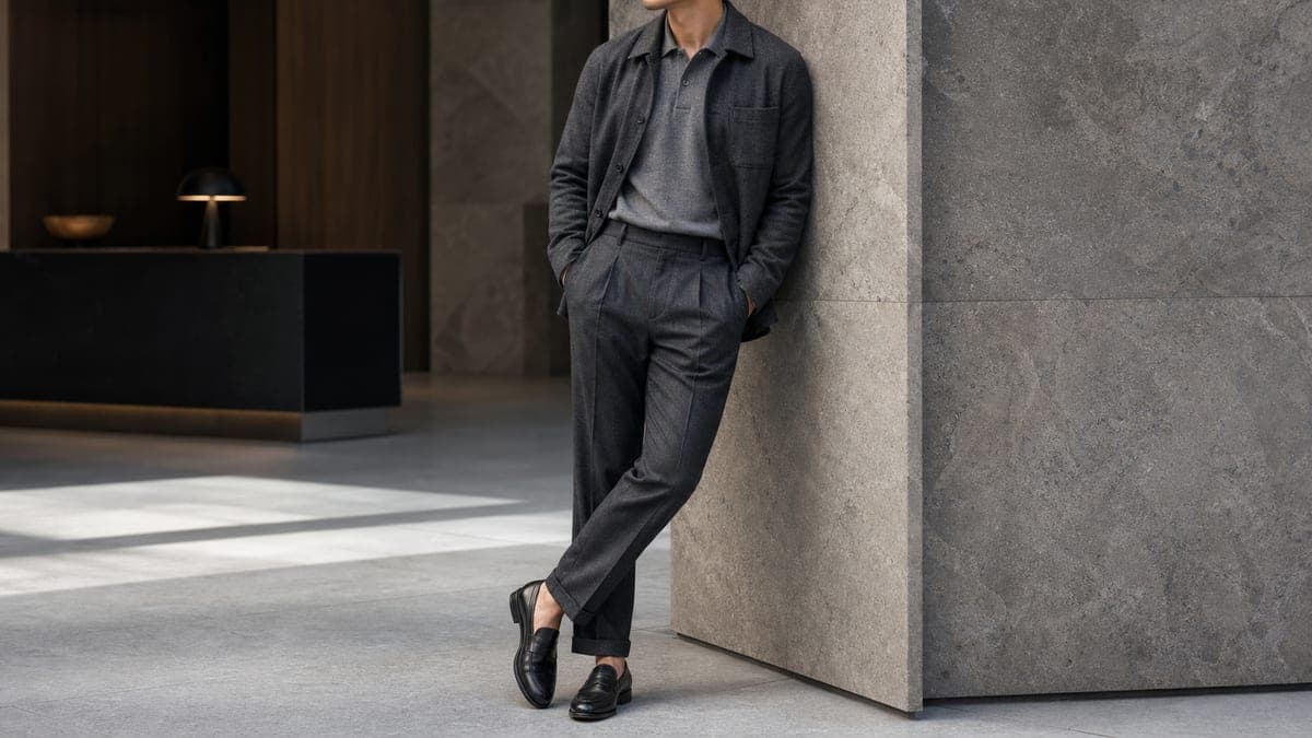 Grey smart casual outfit with charcoal trousers, grey knit top, and black loafers.