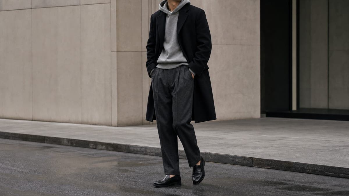 Charcoal trousers, grey hoodie, black topcoat, and black loafers styled as a controlled clash.