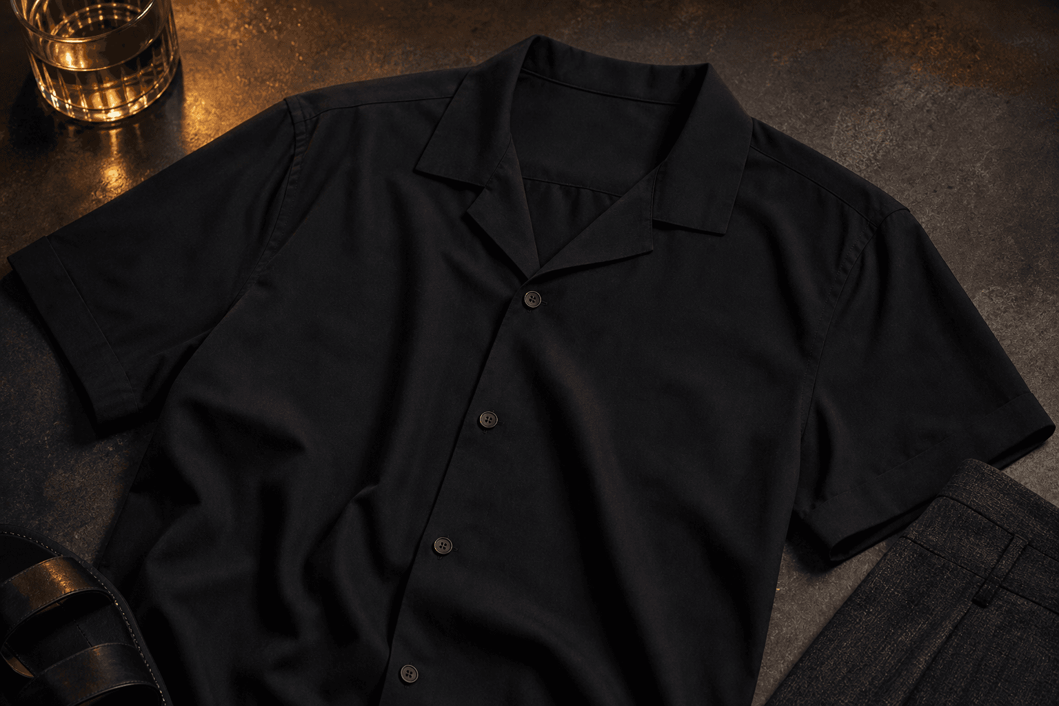 A dark camp collar shirt laid flat with linen-blend trousers and dark leather footwear.