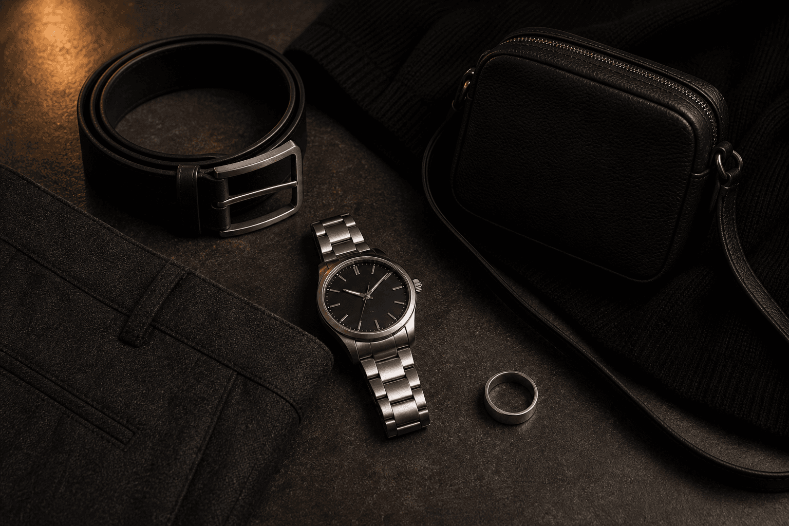 A simple silver watch, dark leather belt, plain ring, and compact black bag arranged on dark fabric.