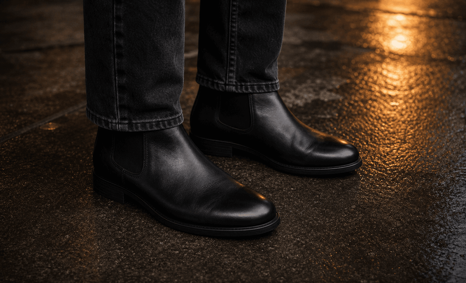 Clean black leather boots under a straight washed black denim hem on a wet evening surface.