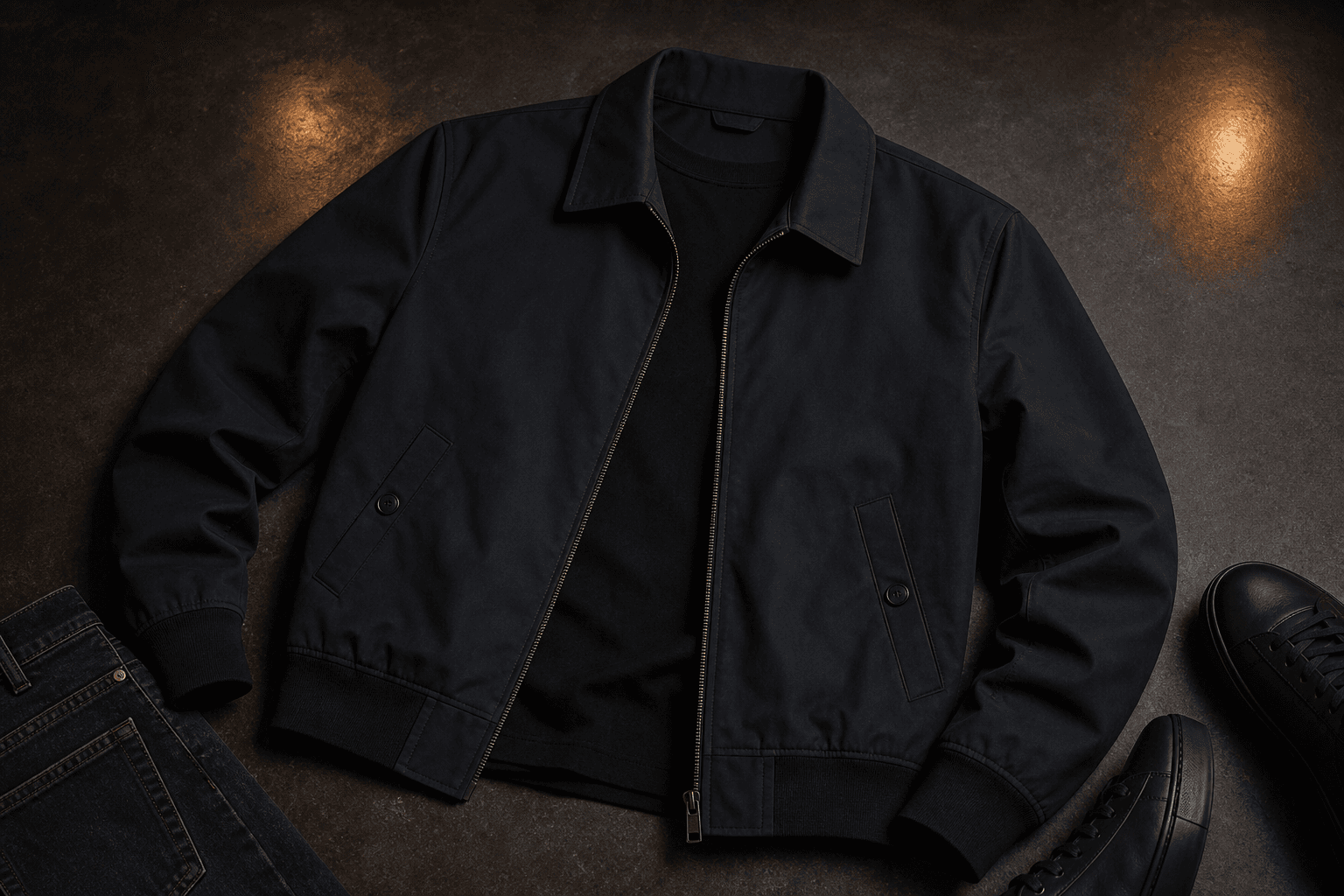 A cropped dark bomber jacket styled with washed black denim and black footwear.