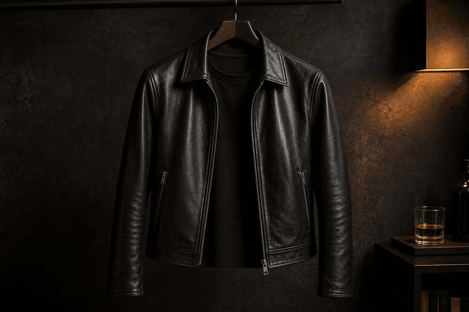 A cropped black leather jacket in warm evening light with a black T-shirt underneath.