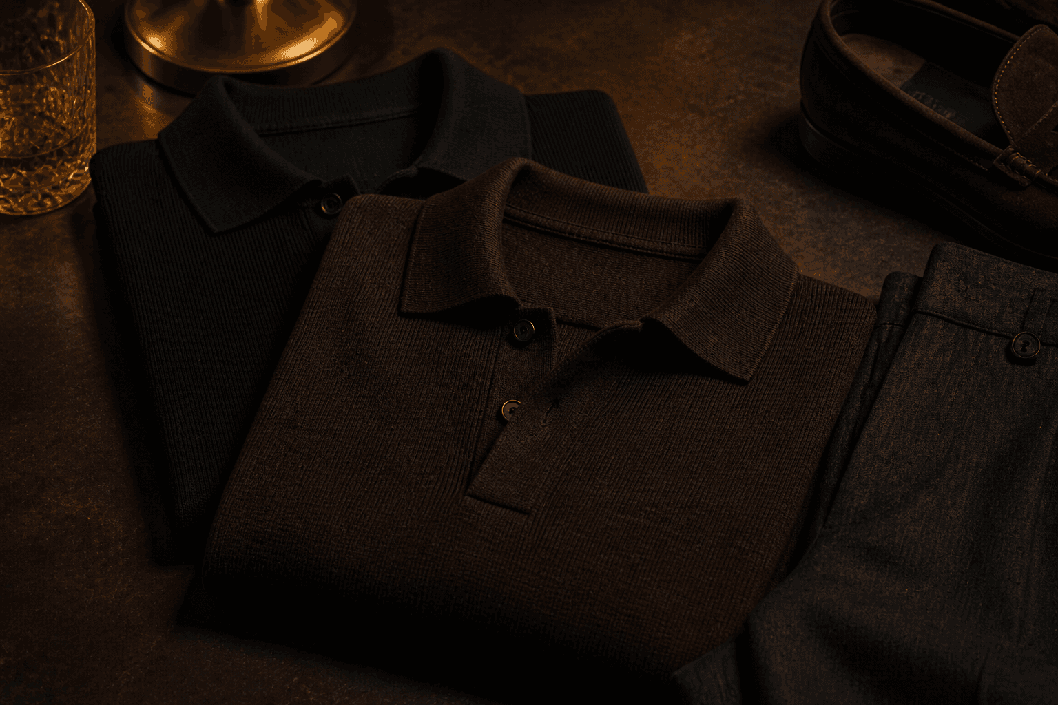 A dark fine-gauge knit polo arranged with charcoal trouser cloth and suede loafers.