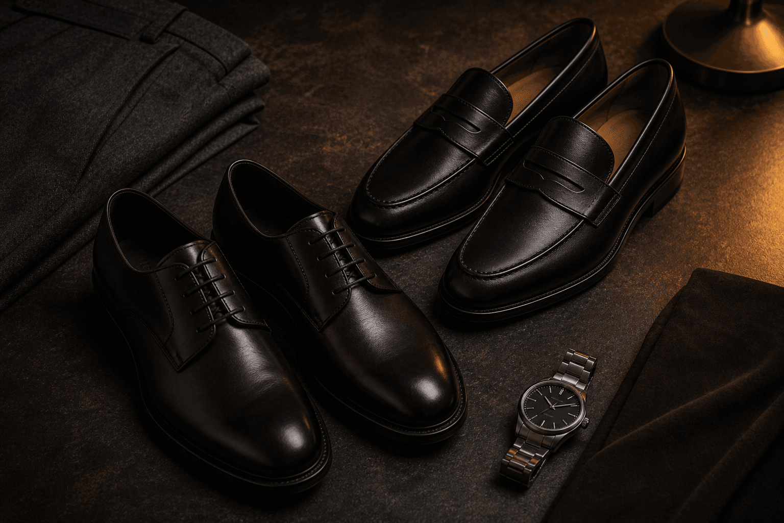 Dark leather loafers and derbies arranged with charcoal trouser cloth and a simple watch.