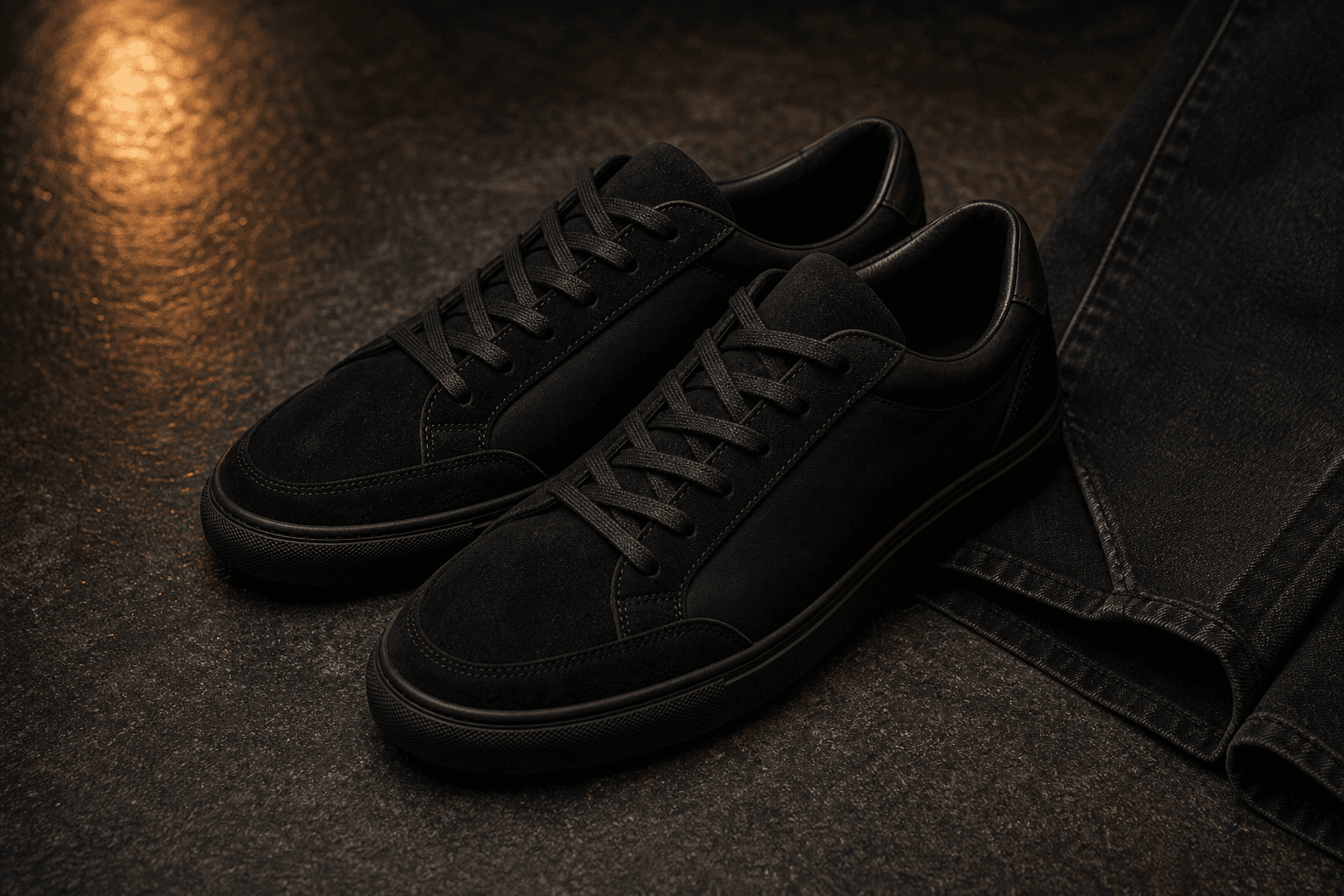 Minimal black leather and suede sneakers styled with dark denim and charcoal trousers.