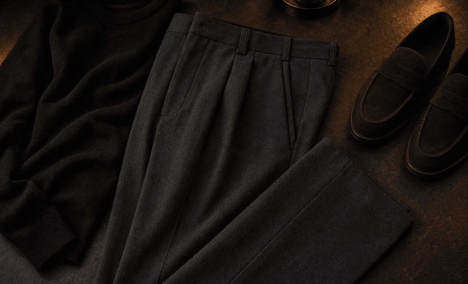 Relaxed charcoal pleated trousers styled with a black knit top and suede loafer.