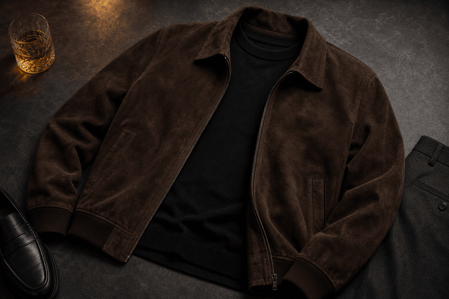 A chocolate suede bomber styled with a black knit top, charcoal trousers, and dark shoes.
