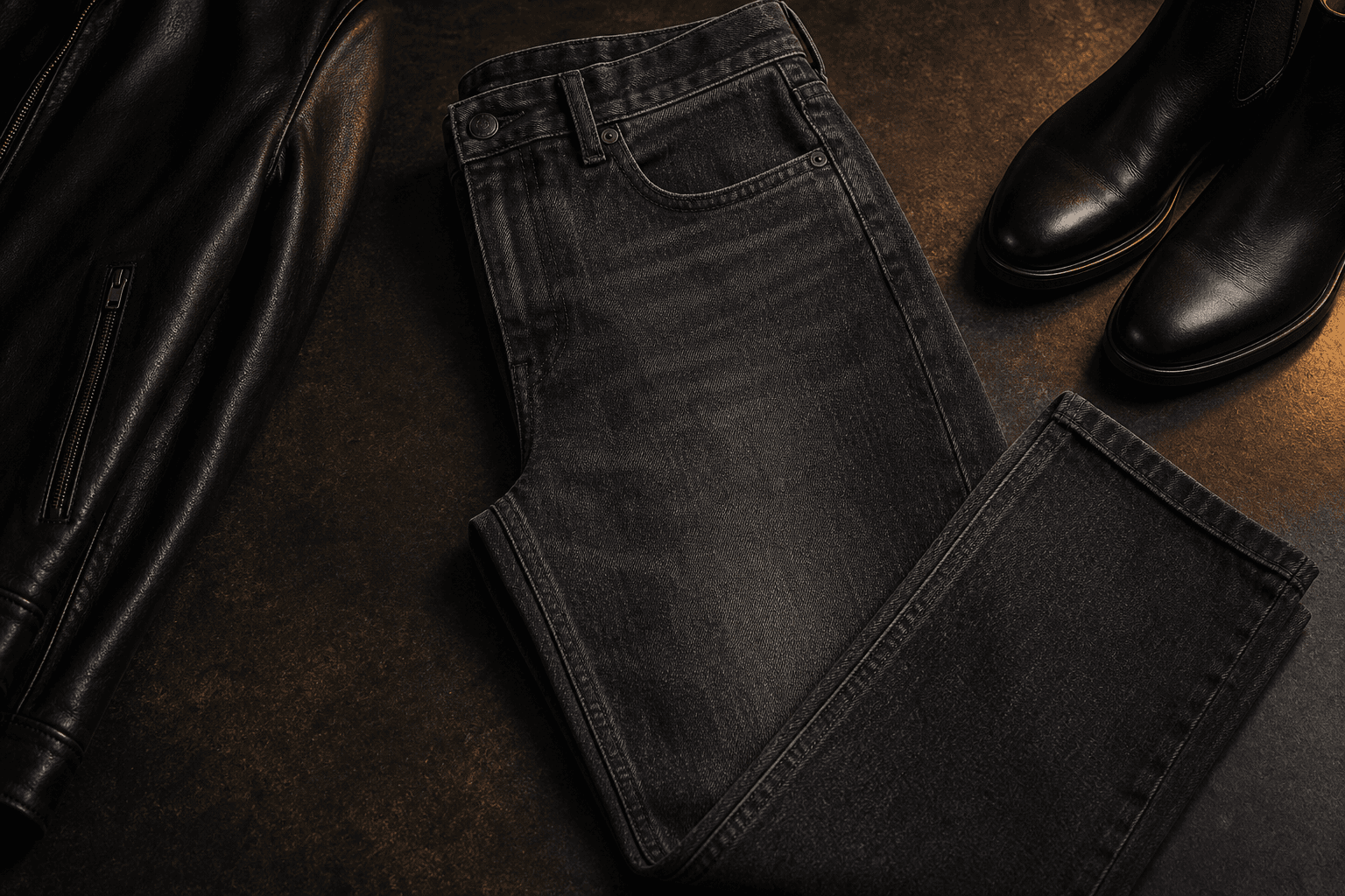 Washed black straight jeans arranged with black leather boots and a leather jacket detail.