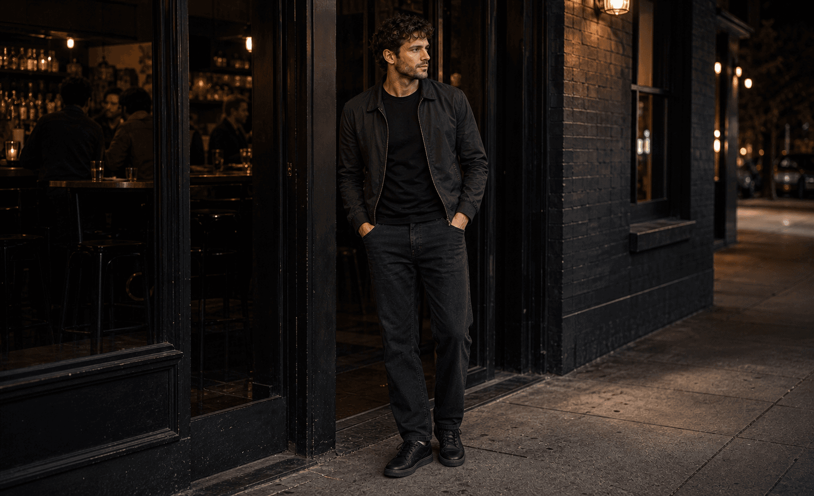 A man on a city sidewalk wearing a black tee, dark straight jeans, clean black sneakers, and a simple bomber.