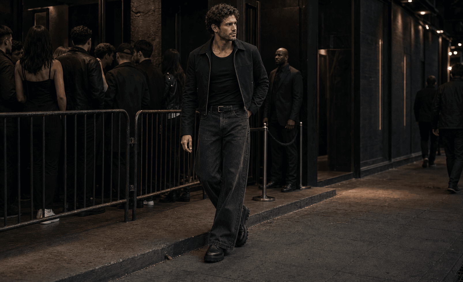 A man near a late-night venue wearing a black tee, wide washed black denim, chunky dark shoes, and a cropped jacket.