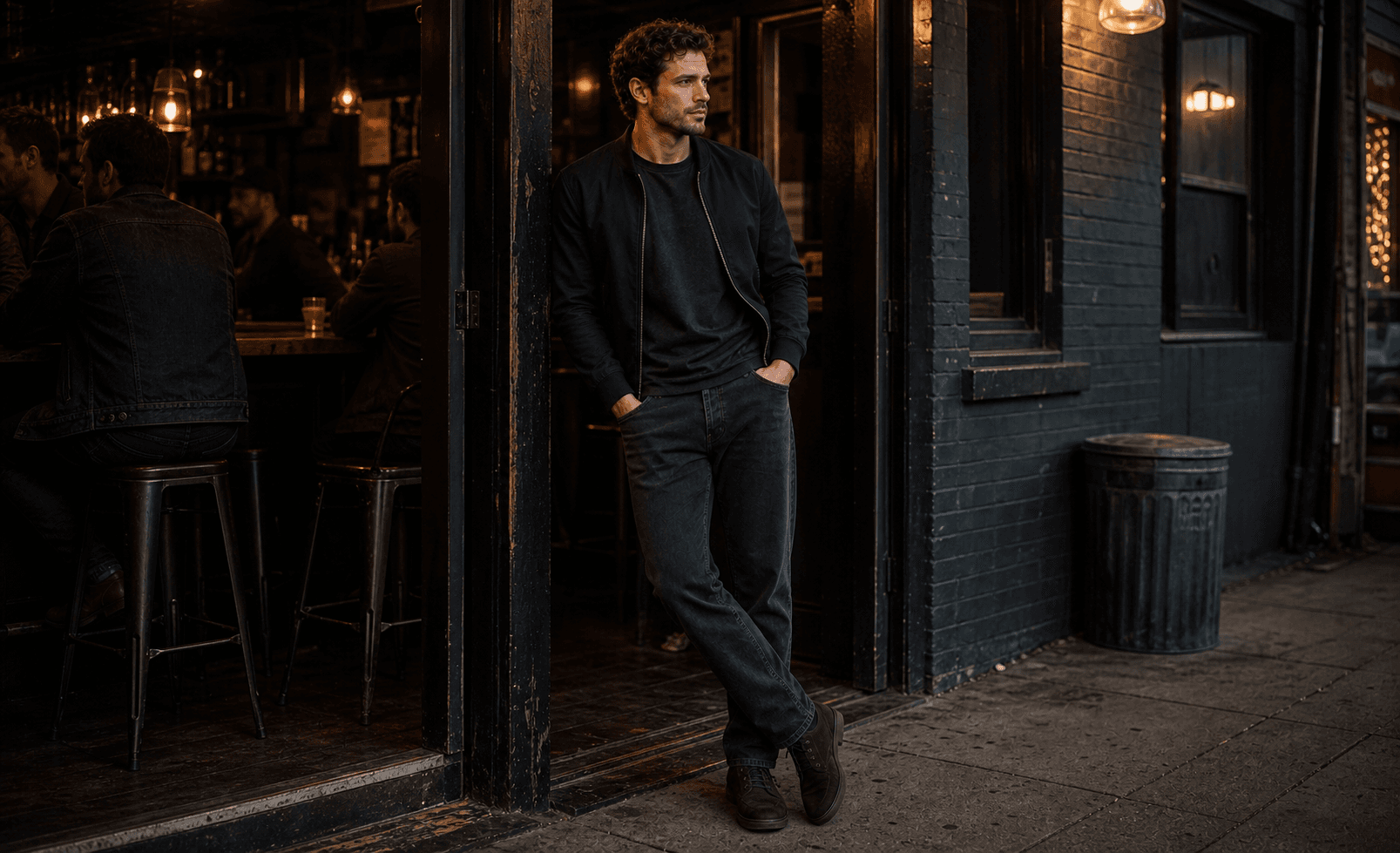 A man outside a casual bar wearing a washed black tee, dark straight jeans, dark shoes, and a cropped bomber.