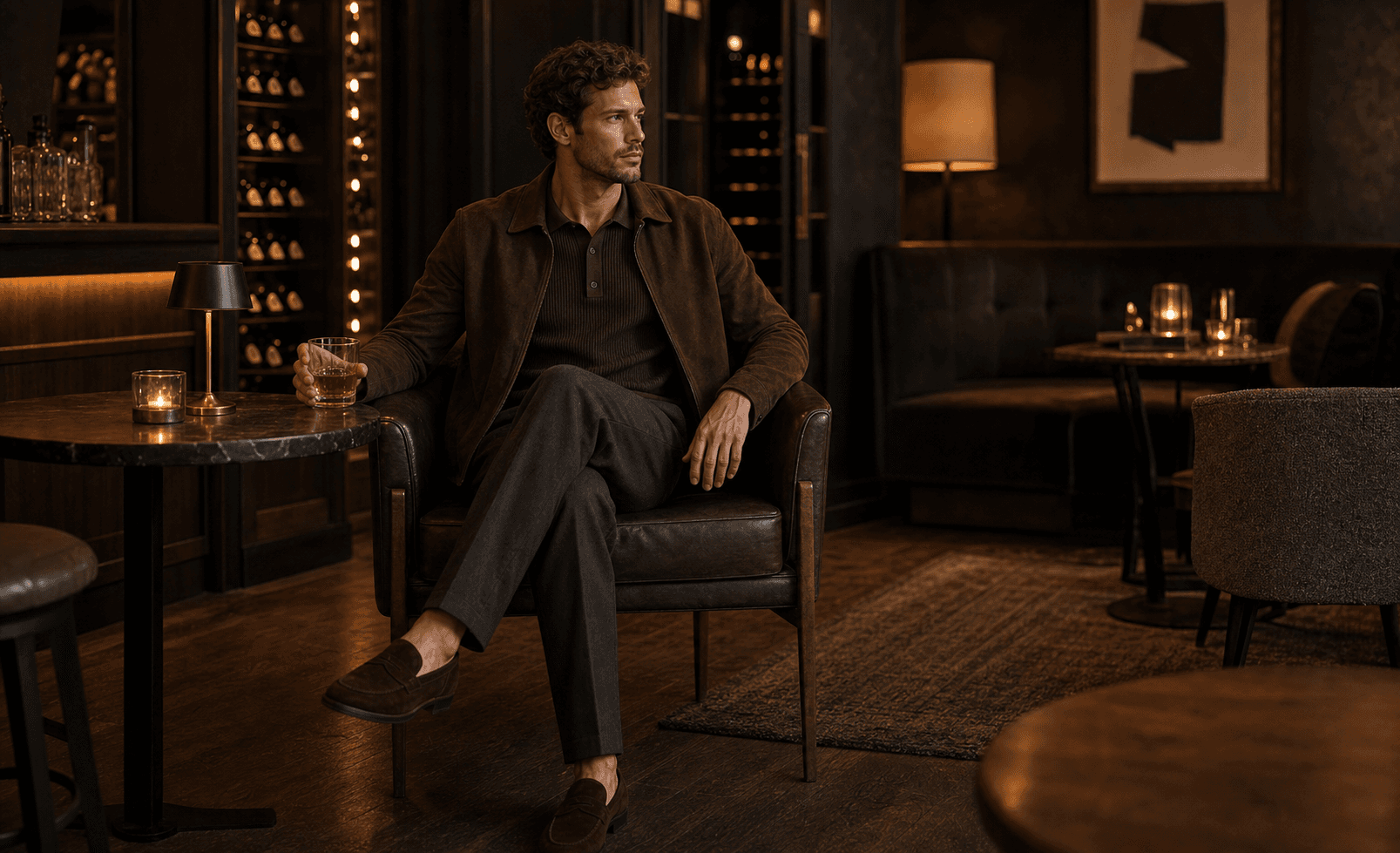 A man in a warm lounge wearing an espresso knit polo, charcoal trousers, suede loafers, and a suede overshirt.