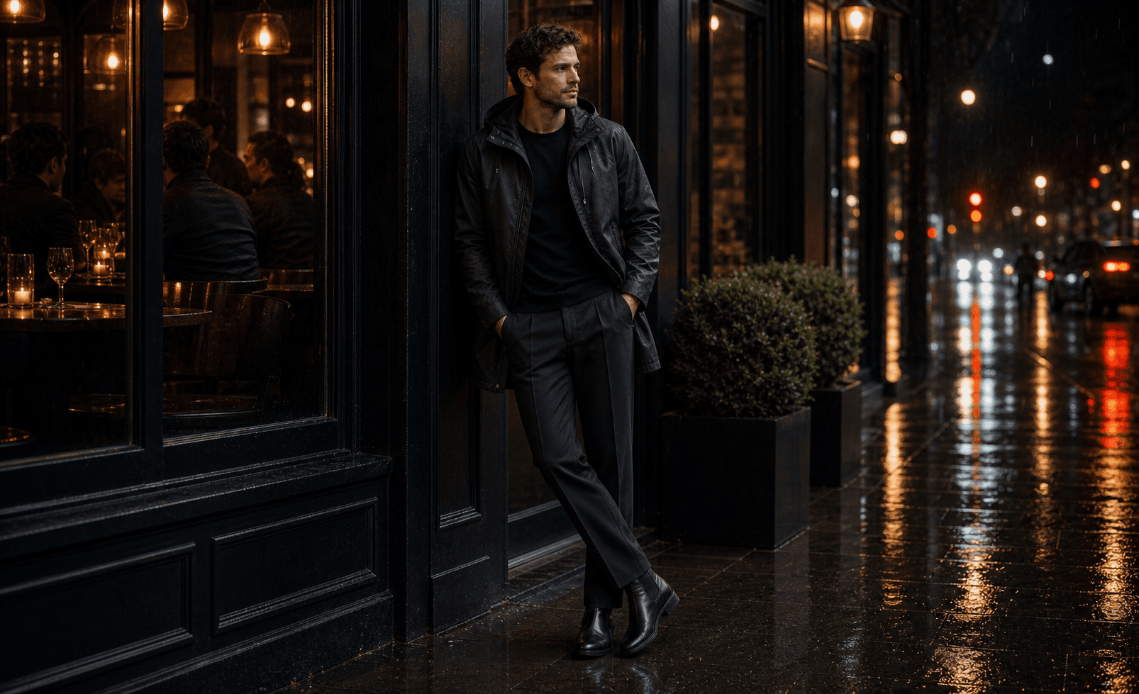 A man on a wet city sidewalk wearing a matte rain shell, black tee, dark trousers, and waterproof boots.