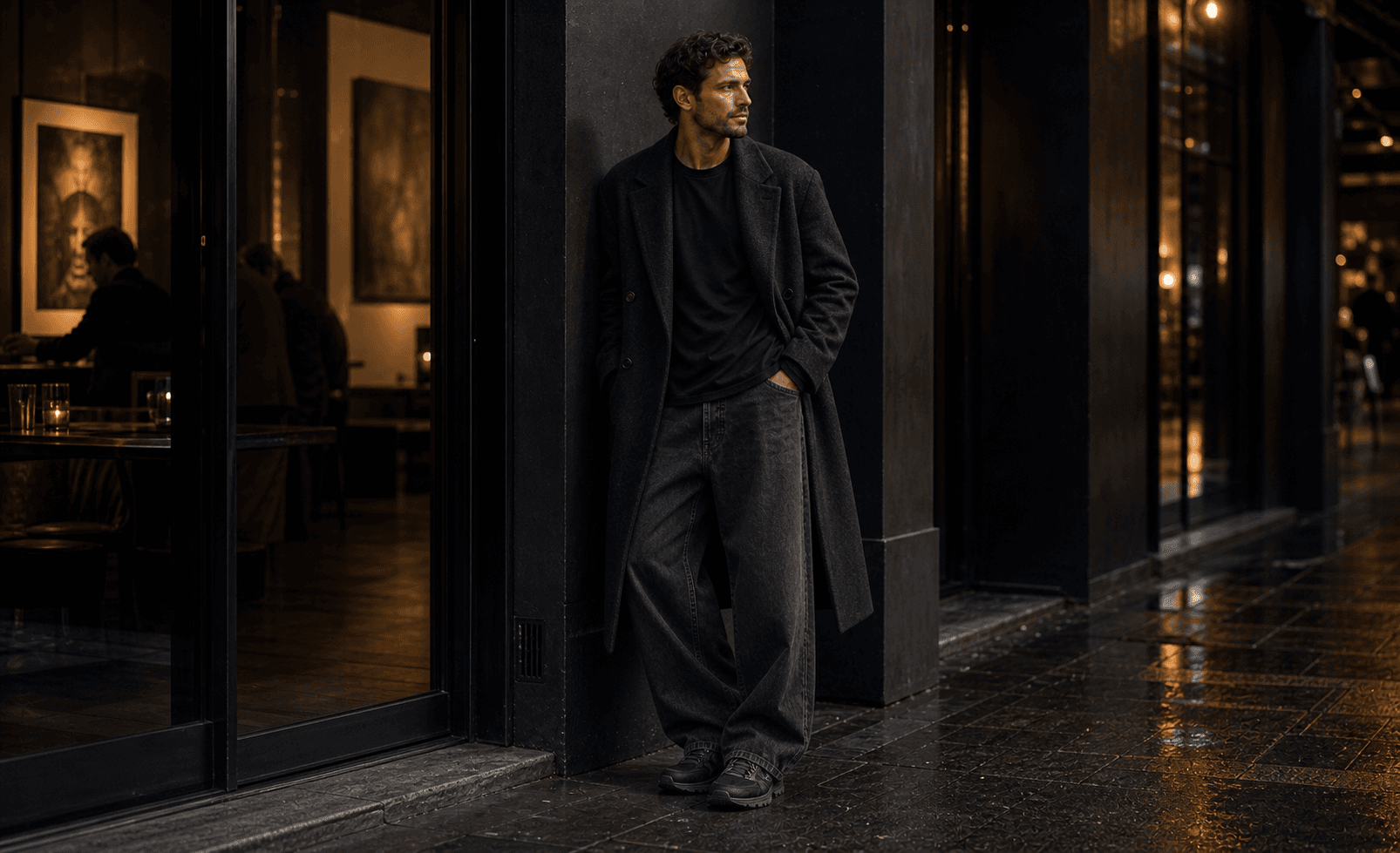 A man on an evening city street wearing a long dark wool coat over an oversized black tee, wide dark denim, and technical sneakers.