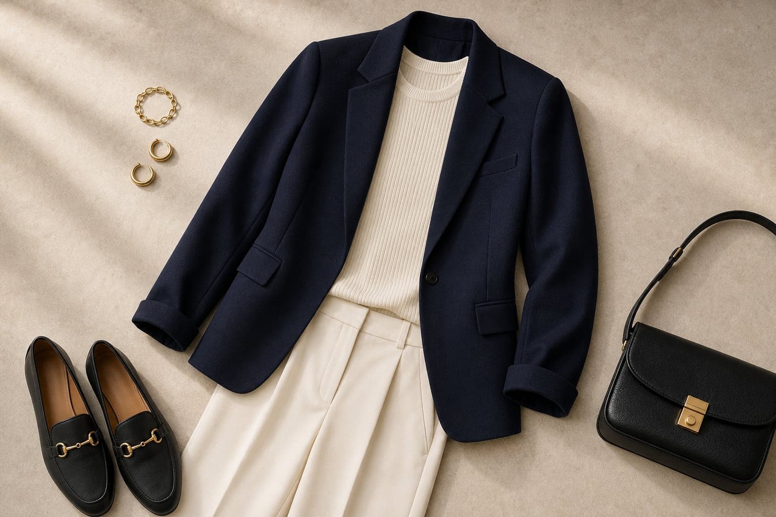 A navy structured jacket styled with an ivory sleeveless knit, cream trousers, and loafers.