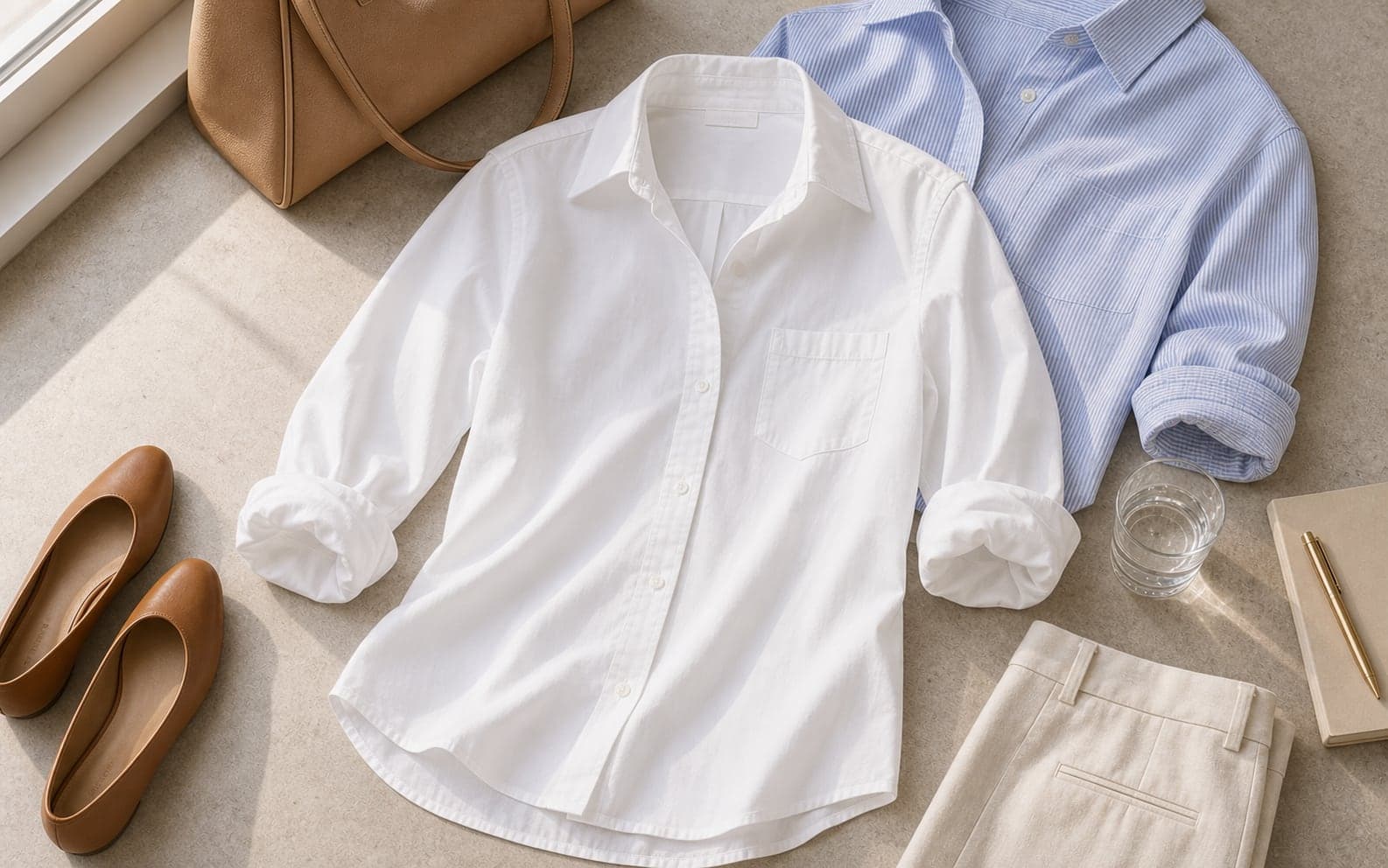 A crisp white cotton-linen button-down shirt styled with tan trousers and woven leather flats.