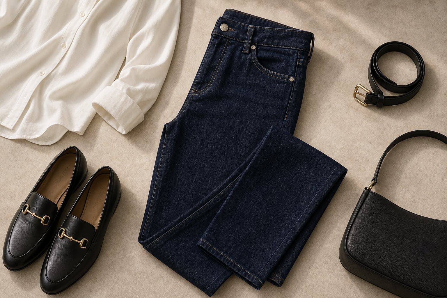 Dark indigo straight-leg jeans styled with an ivory blouse edge, black loafers, and a small leather belt.